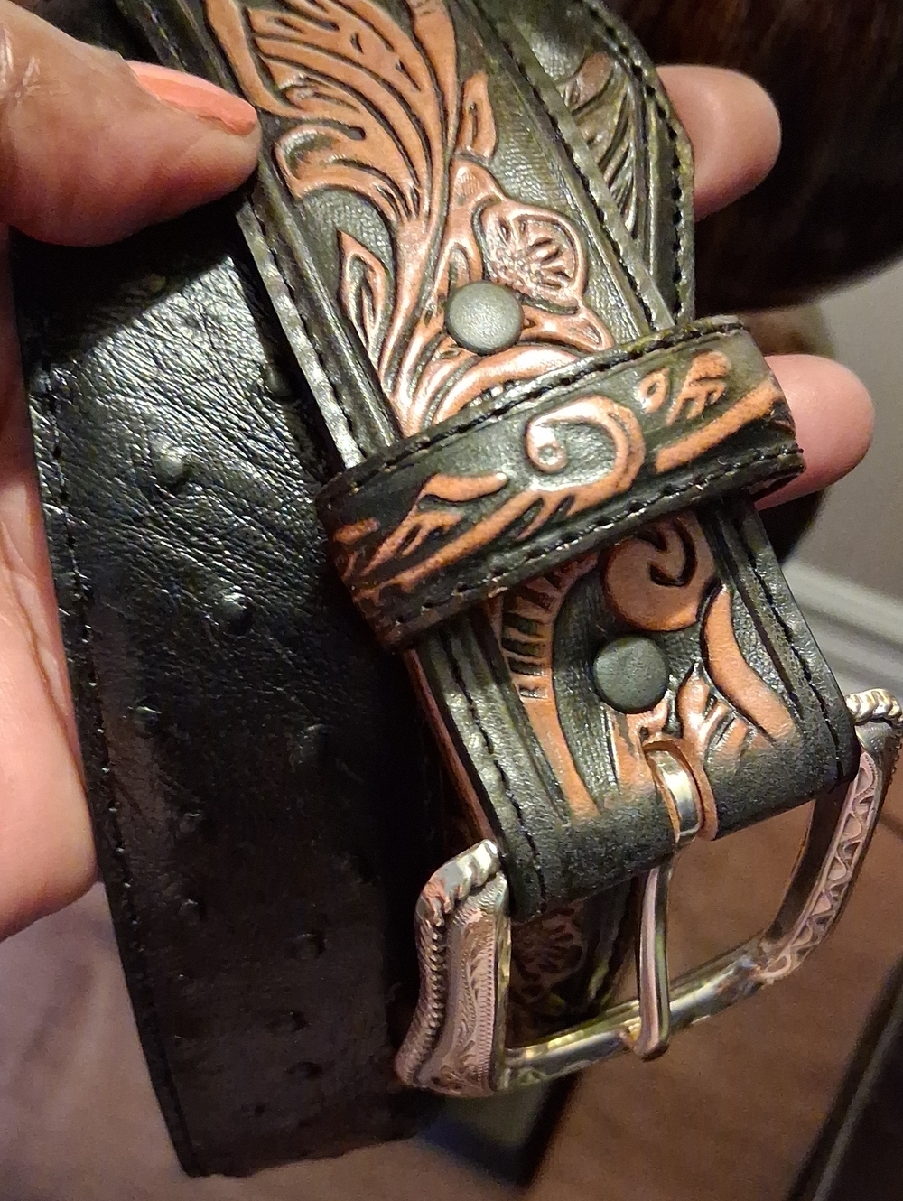 Tony Lama Vintage  Men's Embossed Black and Brown Leather Belt - Picture 4 of 13